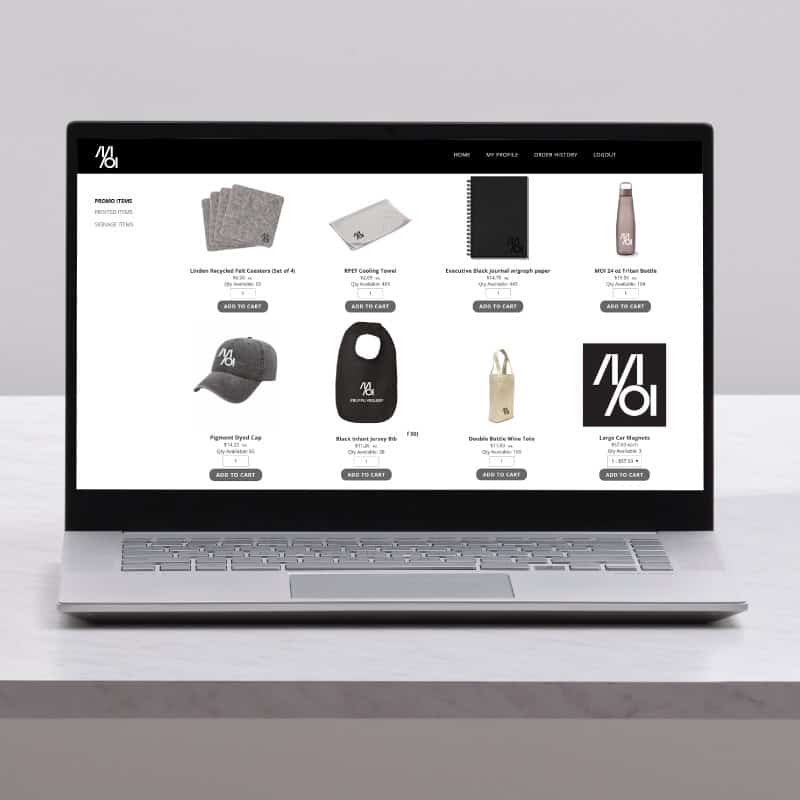 MOI cusotm company store for ordering on-demand branded apparel, promotional products, print, and signage goods