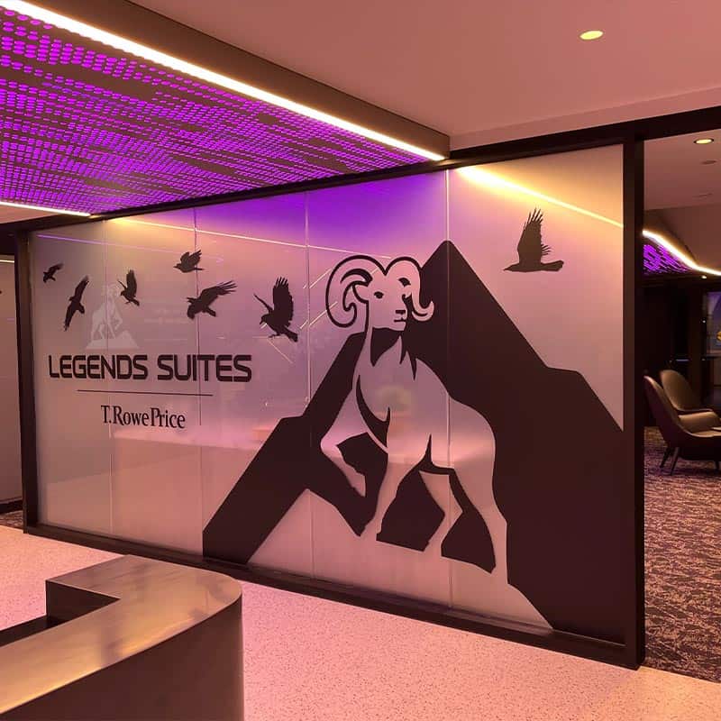 Legends Suite entrance at the ravens stadium with custom signage, frosted glass and wall graphics