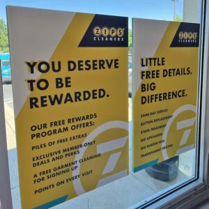 Double sided window decals branded for Zips drycleaners