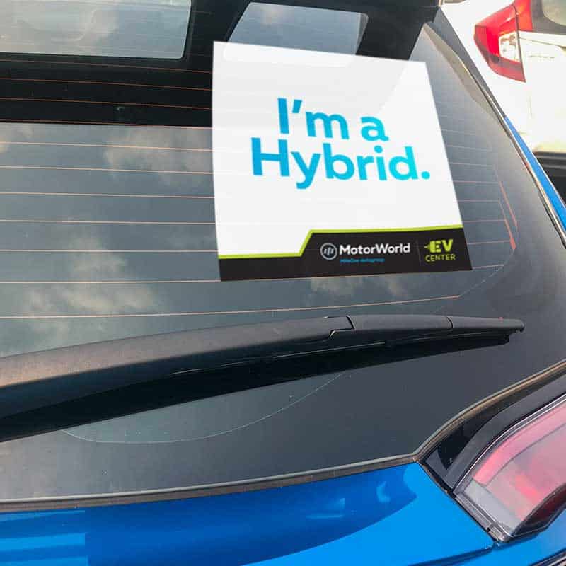 Mile One Autogroup branded window cling for Hybrid vehicles
