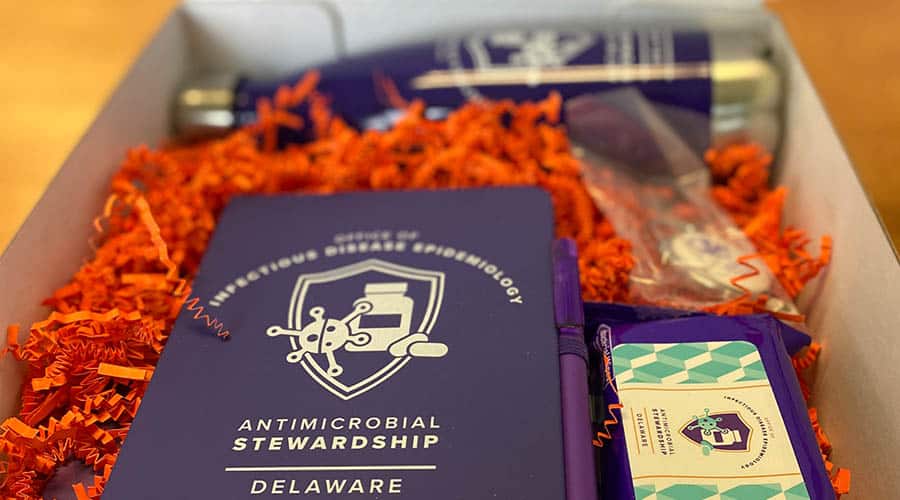 branded distribution box filled with customized promotional products