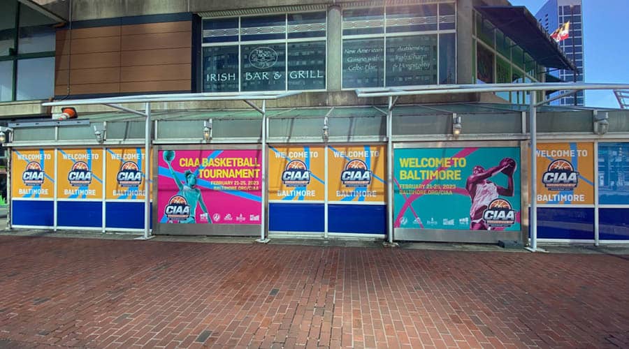 wide format printed storefront window decals lining a street